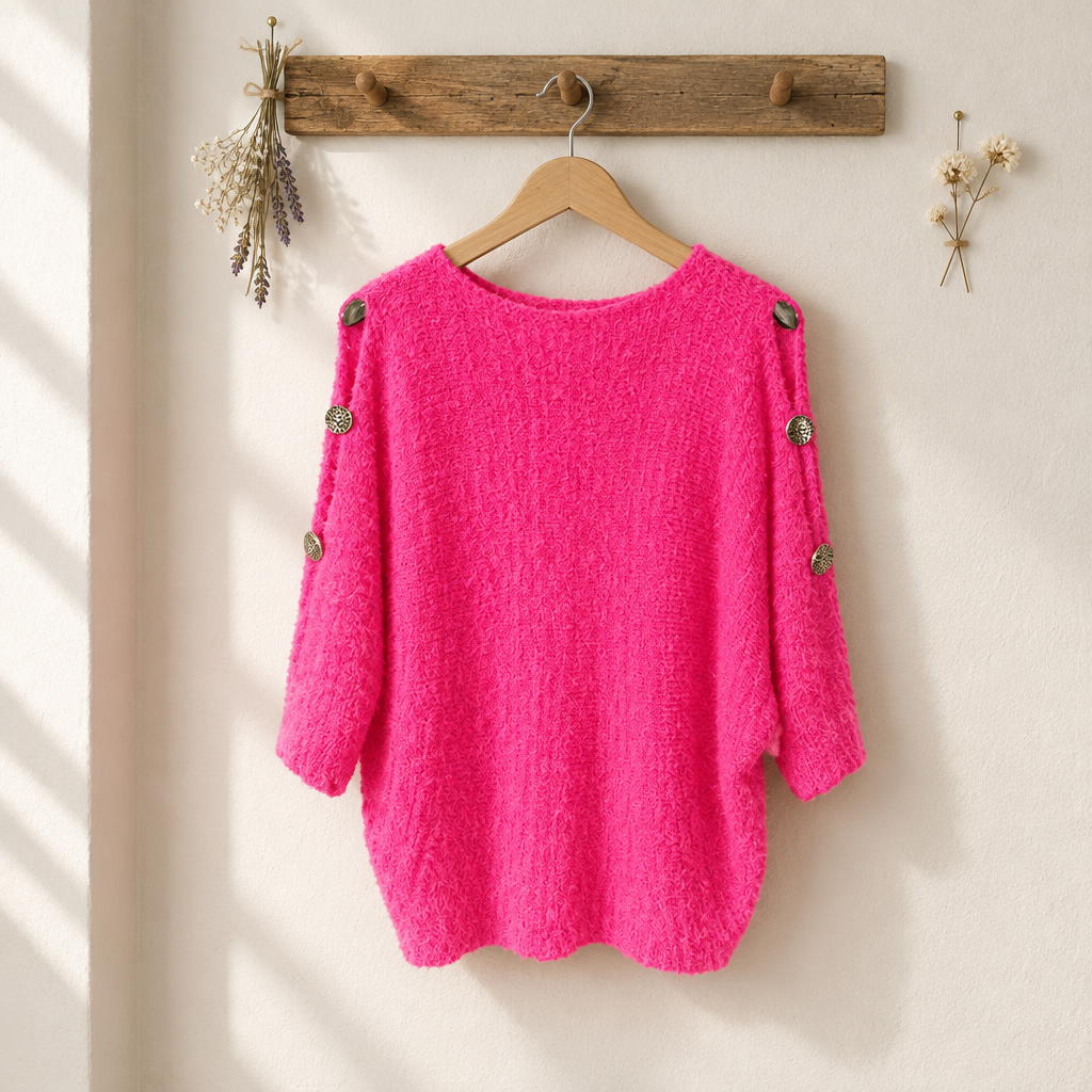 Women's Knitted Sweater with Decorative Buttons – One Size