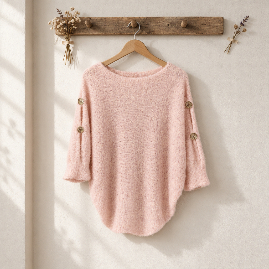 Women's Knitted Sweater with Decorative Buttons – One Size