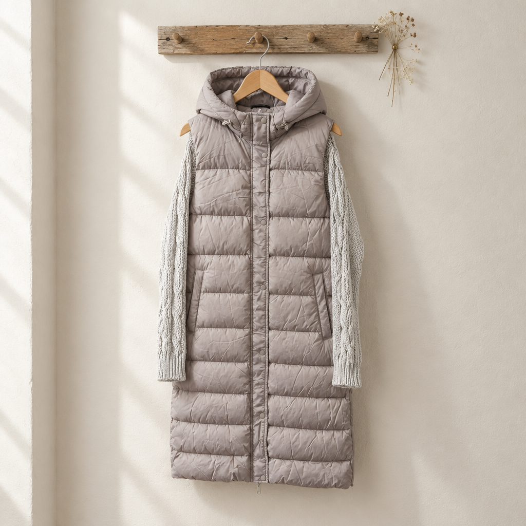 Women's Padded Coat with Knitted Sleeves and Hood